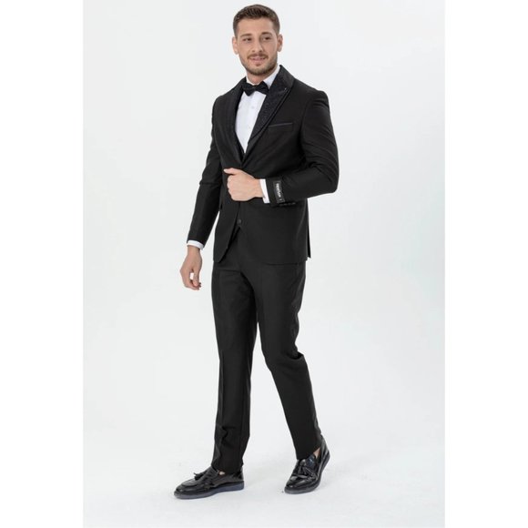 Derman Black Silvery Collar Luxury Tuxedo 3 Piece Set - Picture 4 of 6